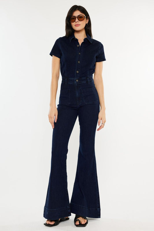 Short/Sleeve Super Flare Jumpsuit