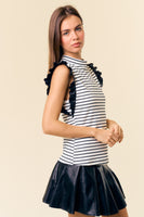 Stripe Mock Neck Leather Ruff Top