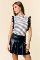 Stripe Mock Neck Leather Ruff Top