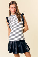 Stripe Mock Neck Leather Ruff Top
