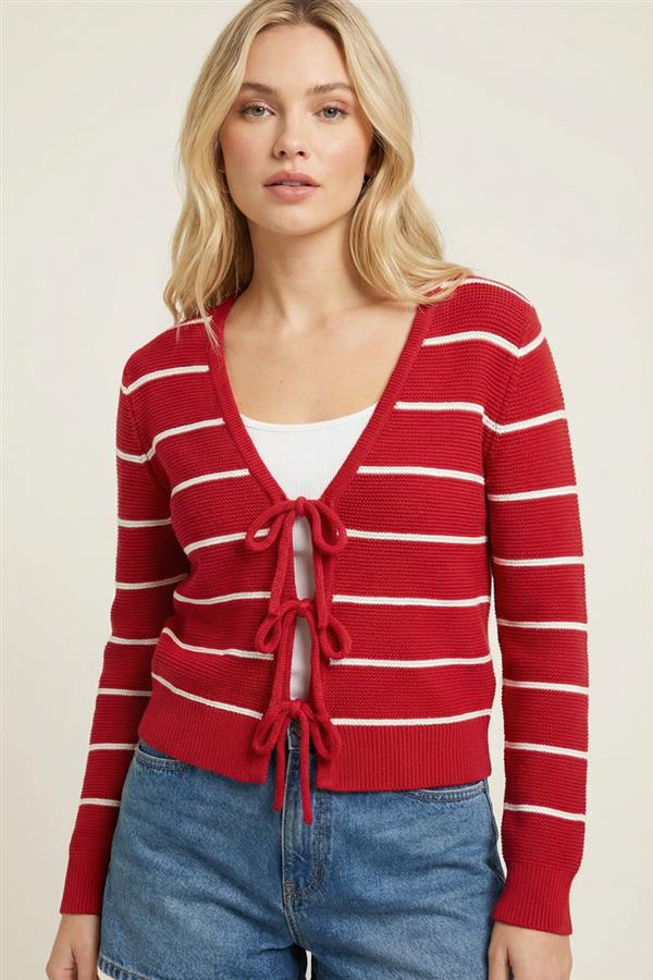 V Neck Bow Tie Front L/S Sweater