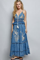 V Neck Denim Smocked Ruffle Dress