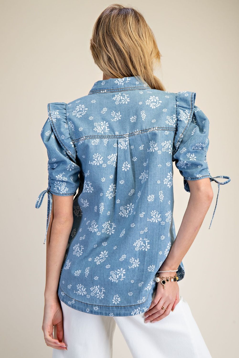 Flower Denim S/S Balloon SLV Top