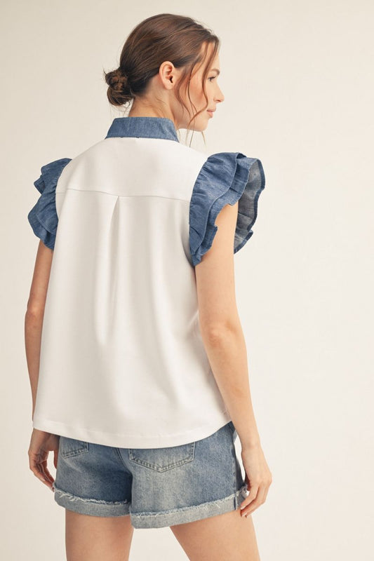 Layered Ruffle Top w/ Denim Contrast