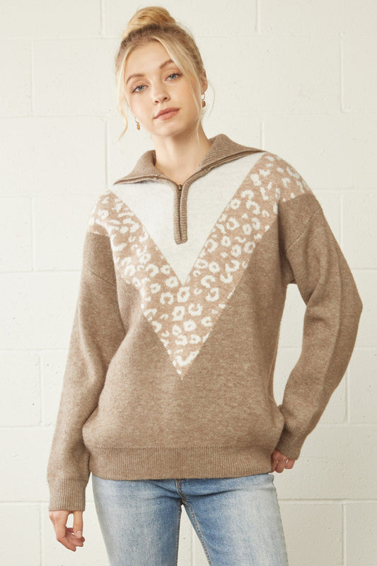 Leopard Print Color Block Pullover