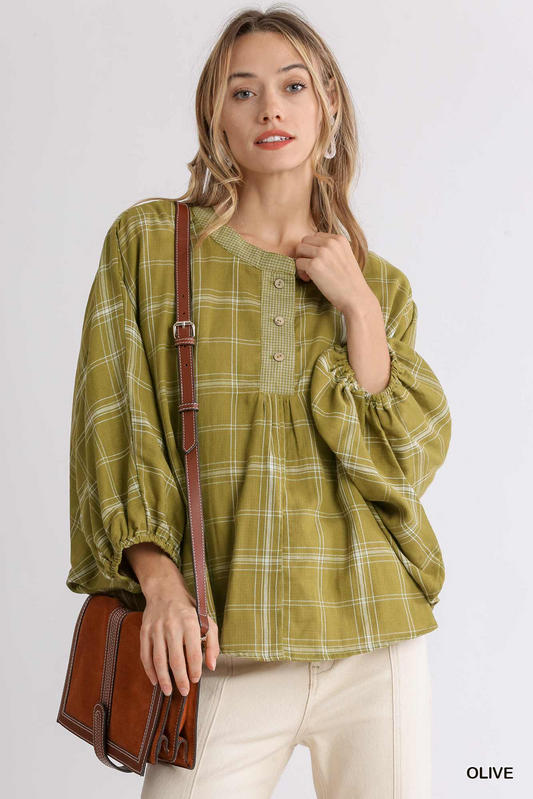 Plaid Print Half Button Doman Top