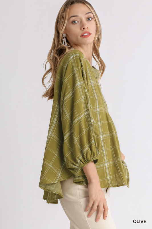Plaid Print Half Button Doman Top