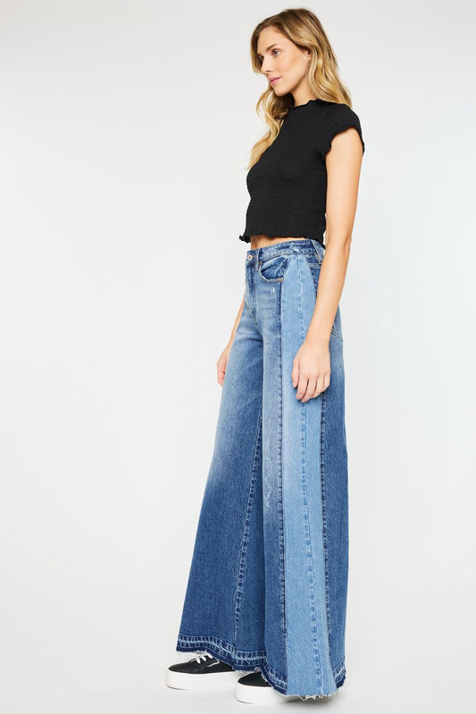 High Rise Wide Leg Denim Contrast Jeans