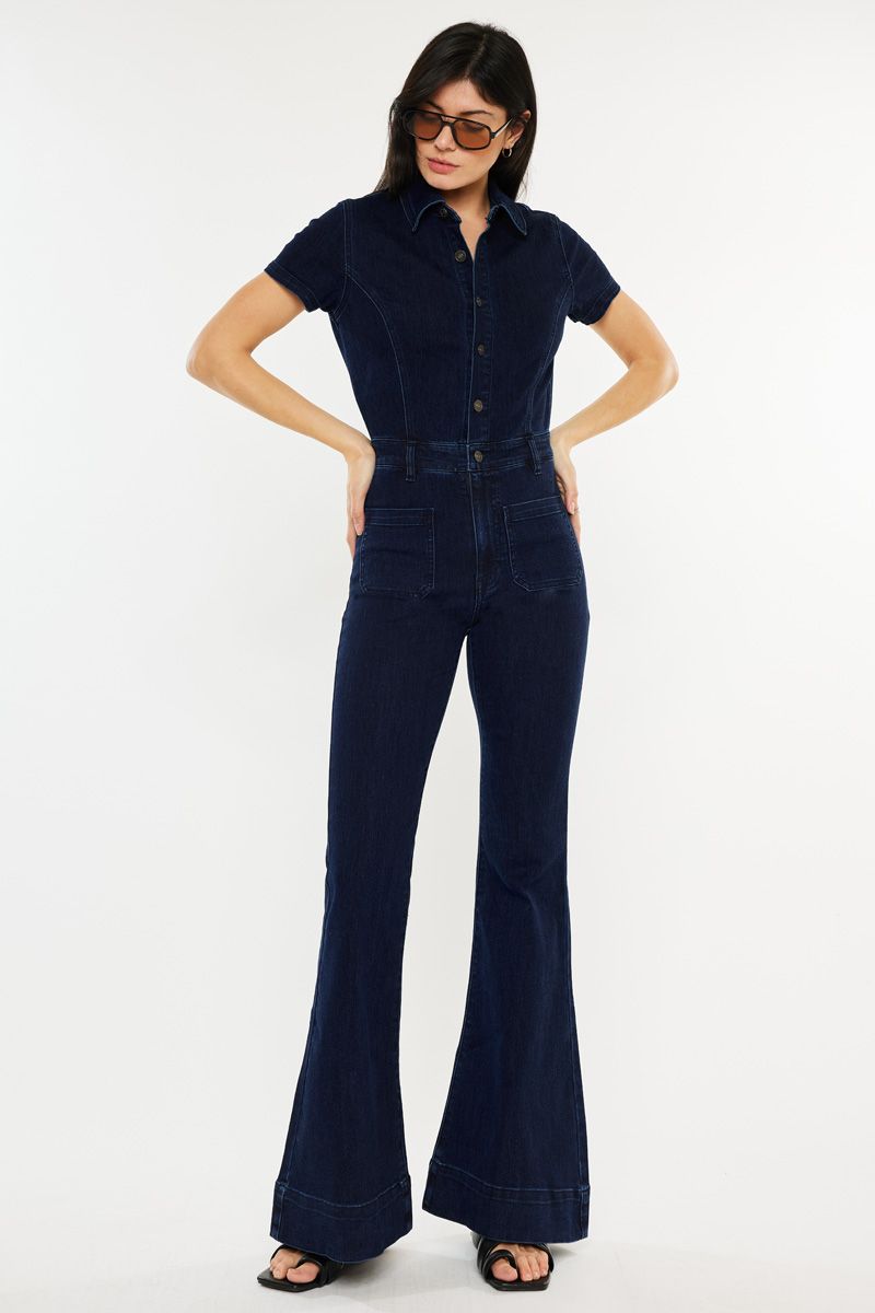 Short/Sleeve Super Flare Jumpsuit
