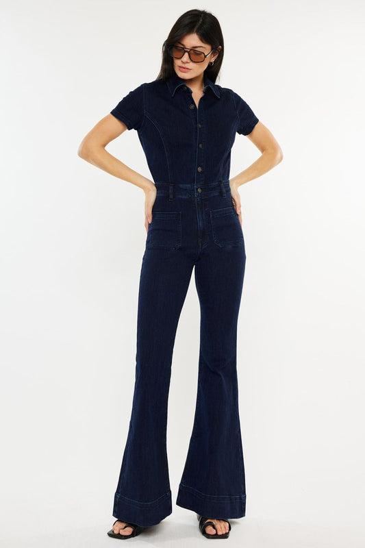 Short/Sleeve Super Flare Jumpsuit