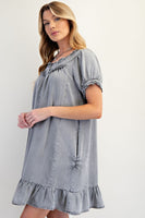 Washed Chambray Ruffled Dress
