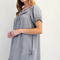 Washed Chambray Ruffled Dress