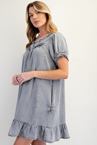 Washed Chambray Ruffled Dress