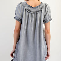 Washed Chambray Ruffled Dress