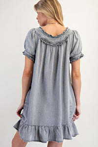 Washed Chambray Ruffled Dress