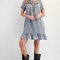 Washed Chambray Ruffled Dress