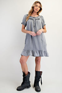 Washed Chambray Ruffled Dress