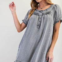 Washed Chambray Ruffled Dress