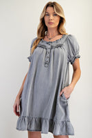 Washed Chambray Ruffled Dress
