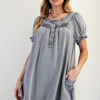 Washed Chambray Ruffled Dress