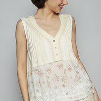 V Neck Top w/ Pleats & Floral Patch