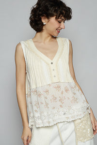 V Neck Top w/ Pleats & Floral Patch