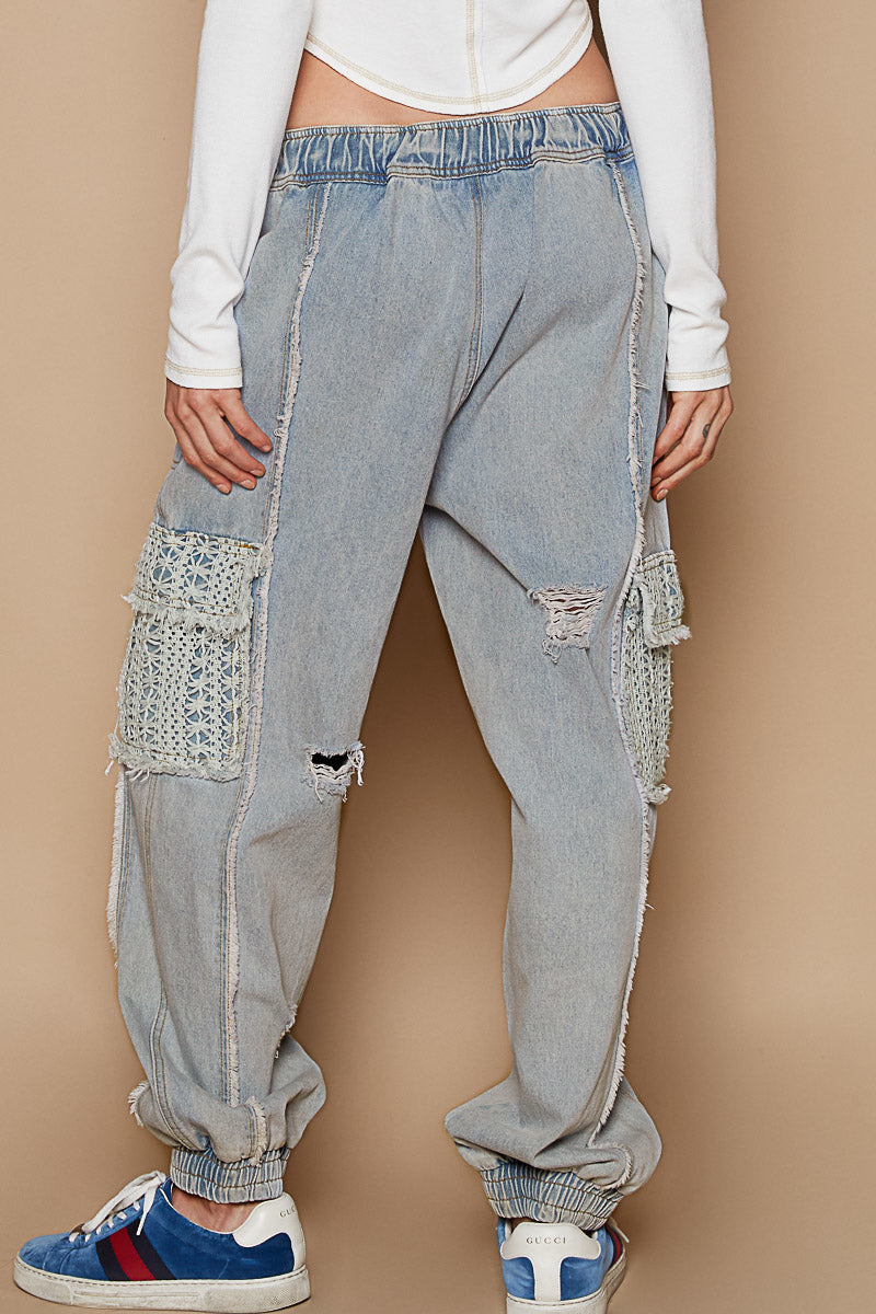 Jogger Denim Pants Crochet Lace Pockets