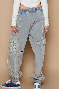 Jogger Denim Pants Crochet Lace Pockets