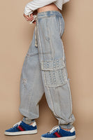 Jogger Denim Pants Crochet Lace Pockets
