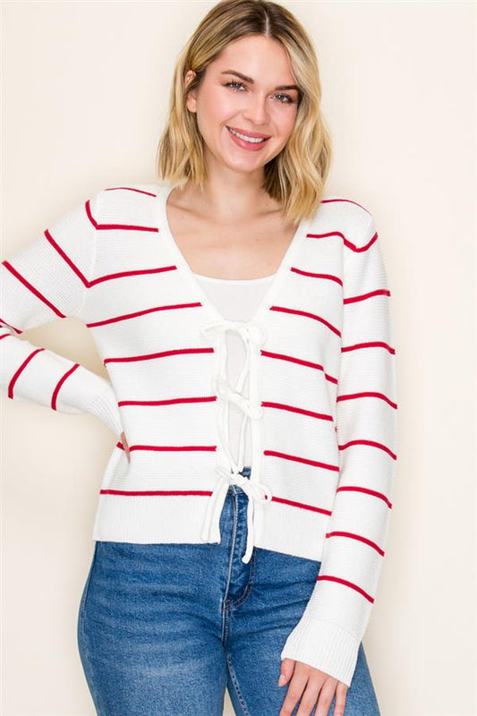 V Neck Bow Tie Front L/S Sweater