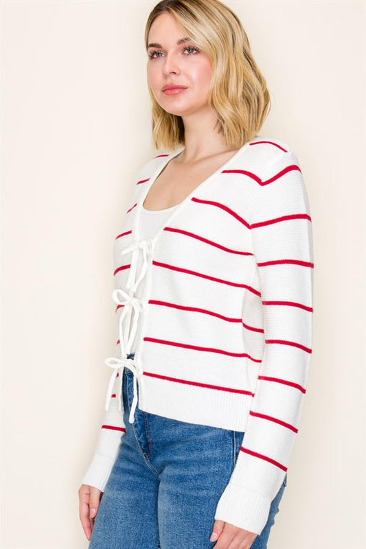 V Neck Bow Tie Front L/S Sweater