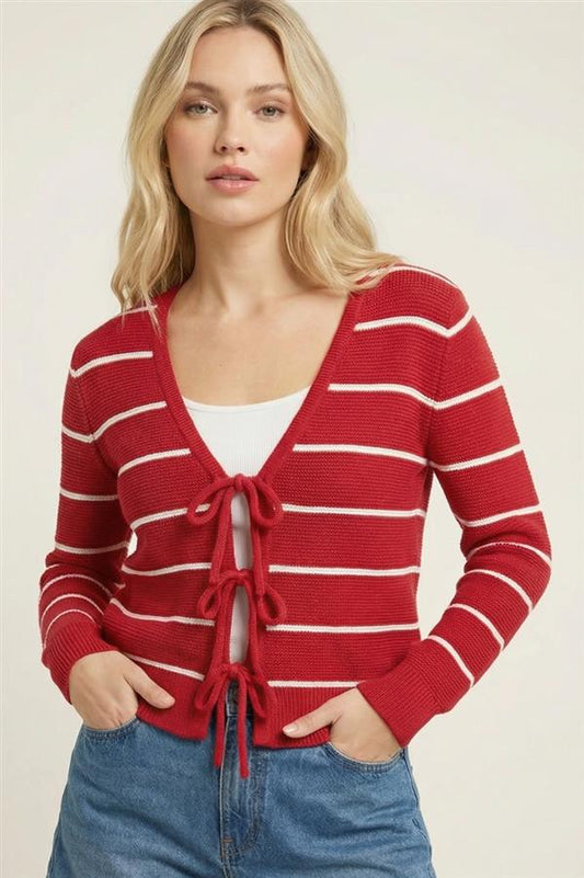 V Neck Bow Tie Front L/S Sweater