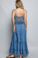 V Neck Denim Smocked Ruffle Dress
