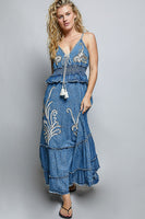 V Neck Denim Smocked Ruffle Dress
