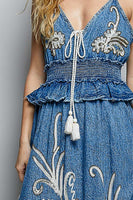 V Neck Denim Smocked Ruffle Dress
