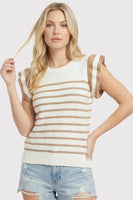 Crewneck Cap Ruffle Sleeve Strip Top
