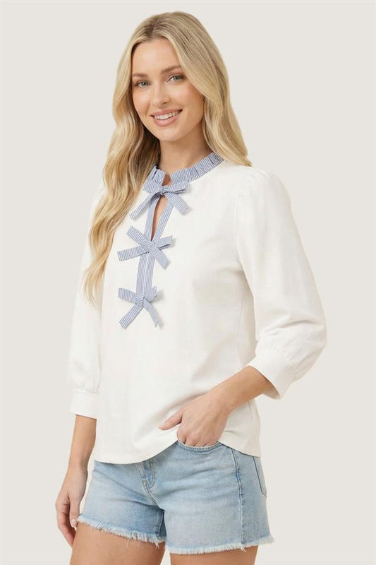 Frilled Bow Tie Detail Puff Sleeve Top