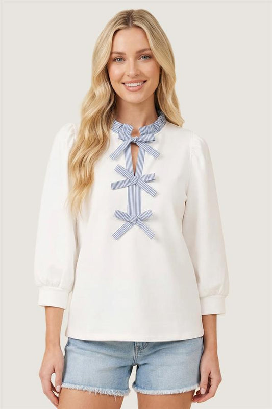 Frilled Bow Tie Detail Puff Sleeve Top