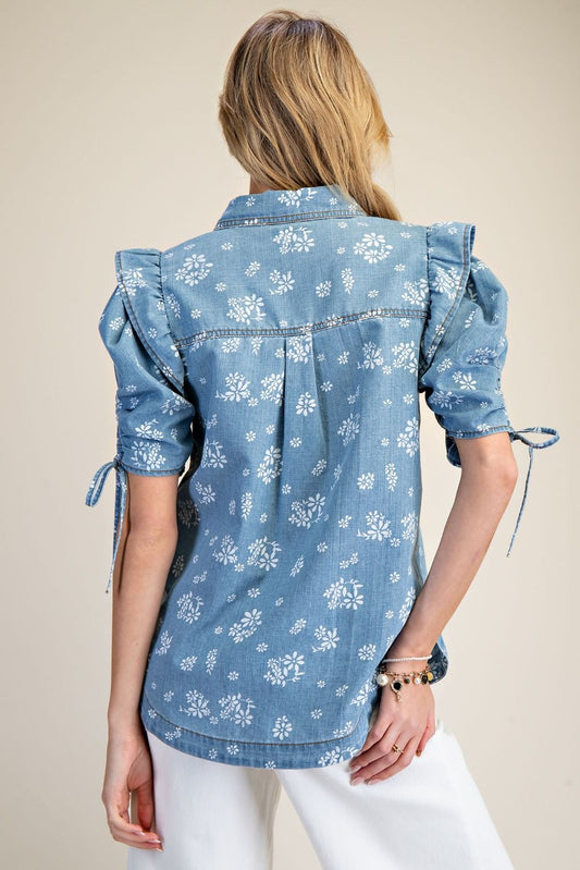 Flower Denim S/S Balloon SLV Top