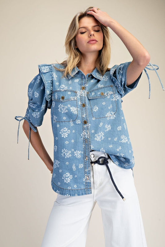 Flower Denim S/S Balloon SLV Top