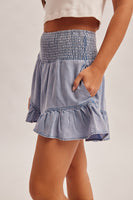 Smocked Waist Denim Ruffle Shorts

