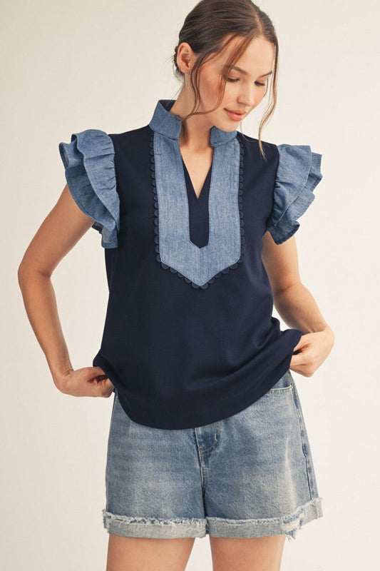 Layered Ruffle Top w/ Denim Contrast