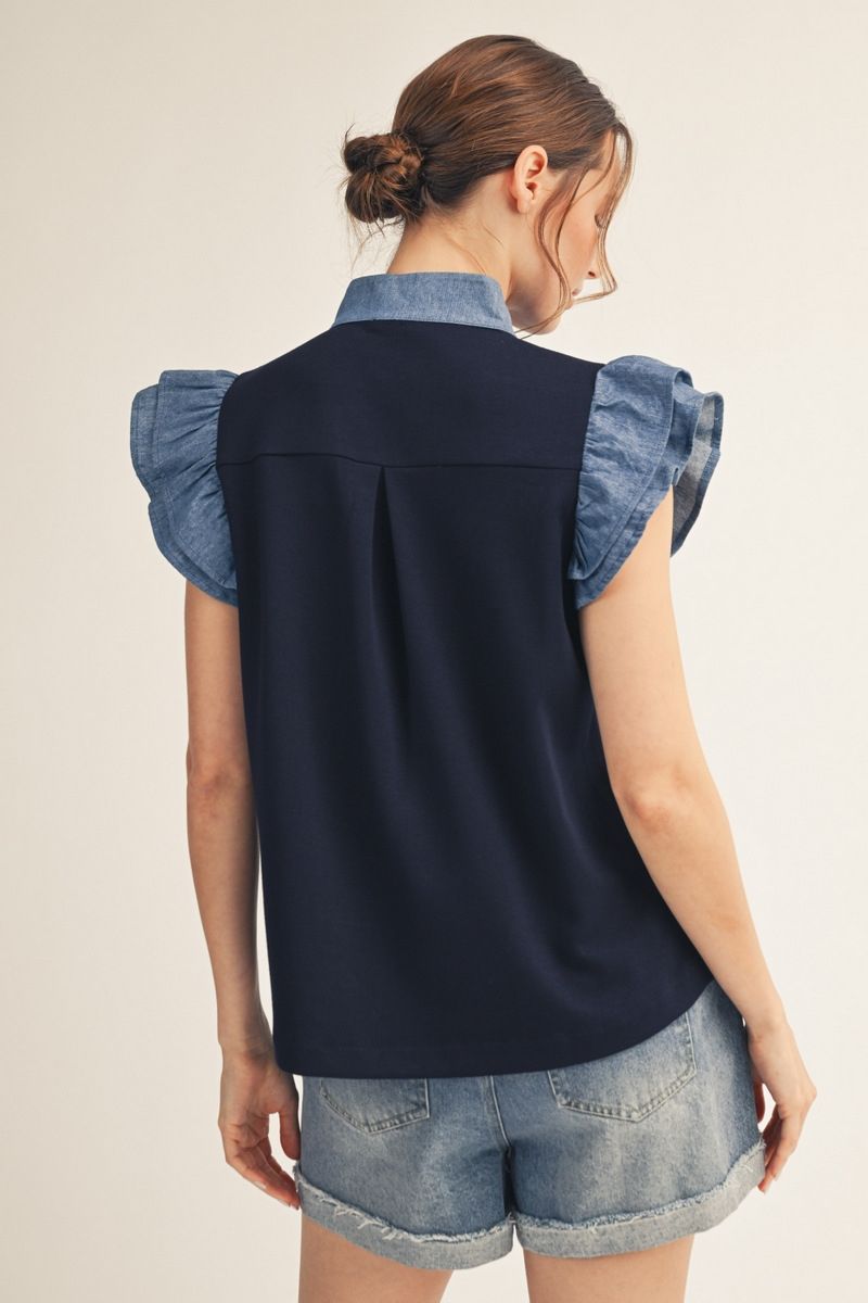 Layered Ruffle Top w/ Denim Contrast