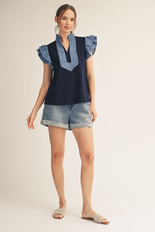 Layered Ruffle Top w/ Denim Contrast