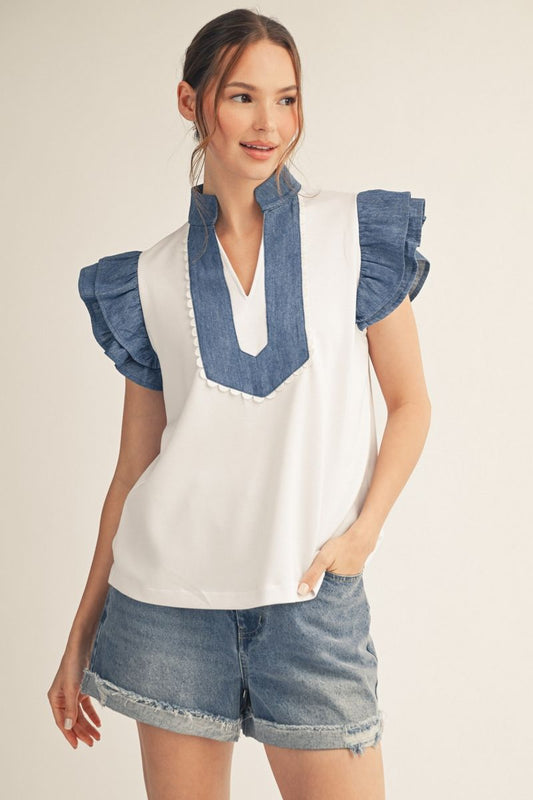 Layered Ruffle Top w/ Denim Contrast
