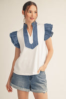 Layered Ruffle Top w/ Denim Contrast
