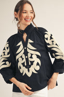 3/4 sleeves Baroque applique detail top
