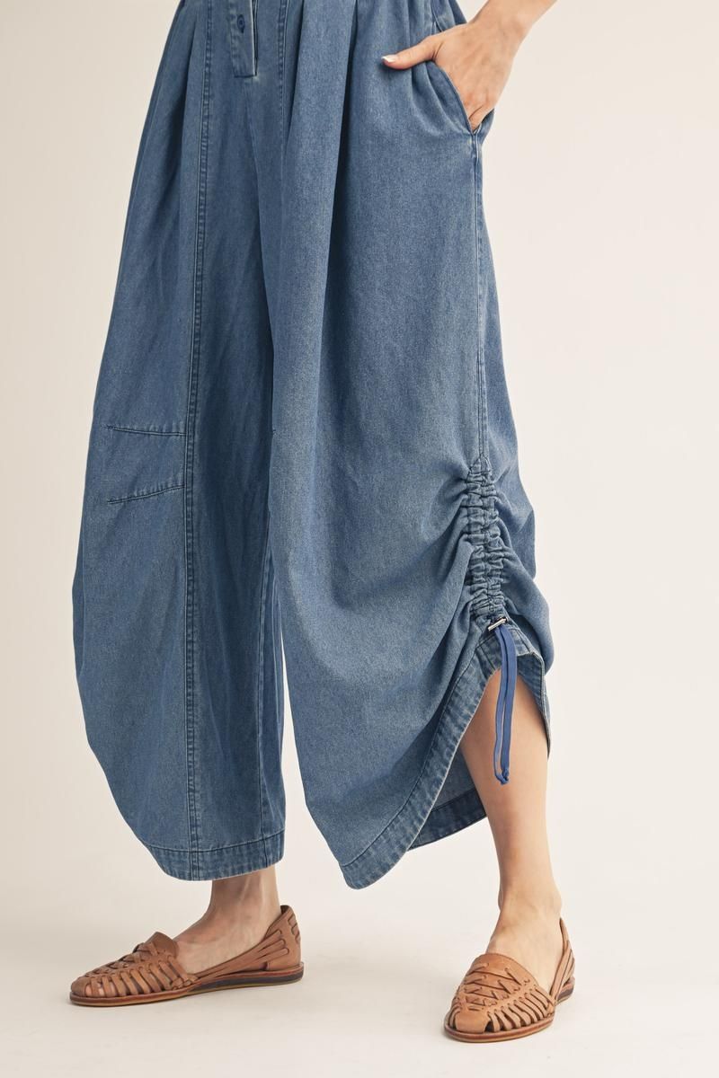 Button Down Wide Leg Denim Jumpsuit