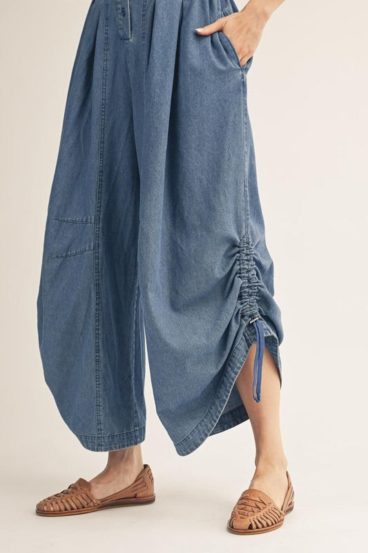 Button Down Wide Leg Denim Jumpsuit