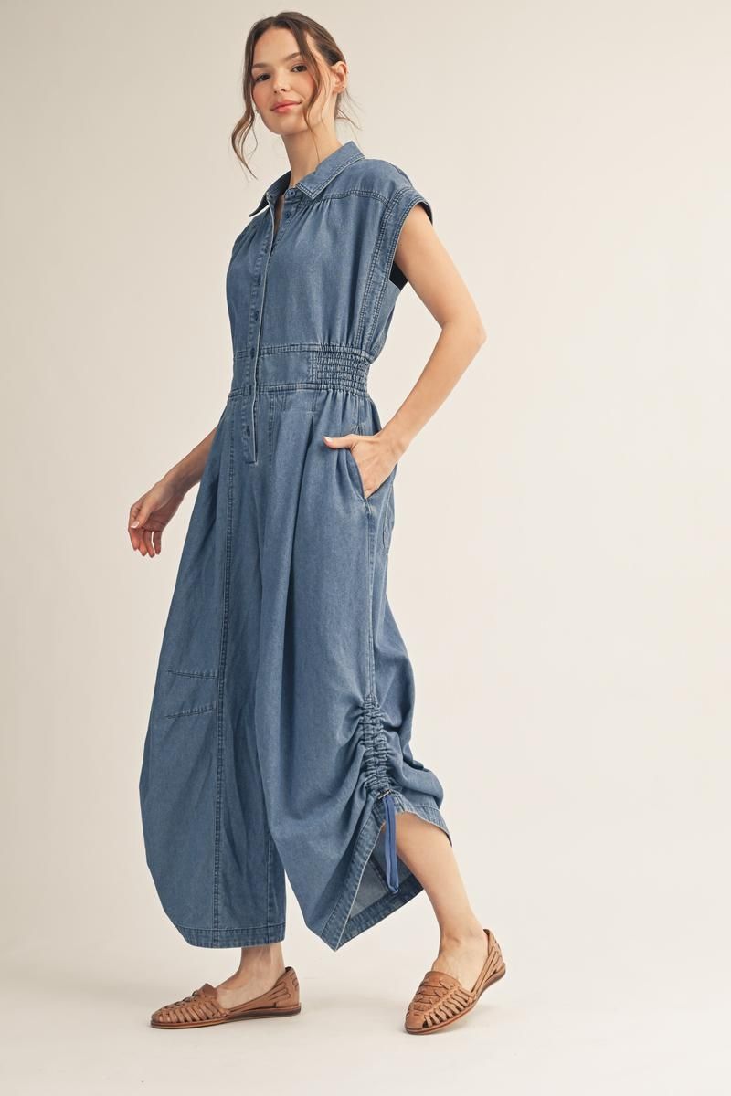 Button Down Wide Leg Denim Jumpsuit